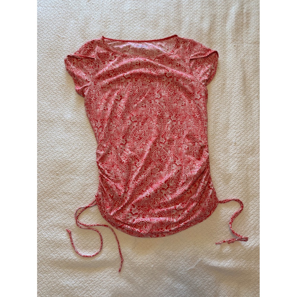 Lands End Red Paisley Side Cinch Ruched Top Short Sleeve Small
